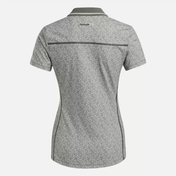Polo de manga corta con cuello Johnny y estampado floral micro para mujer Polo de manga corta con cuello Johnny y estampado floral micro para mujer
