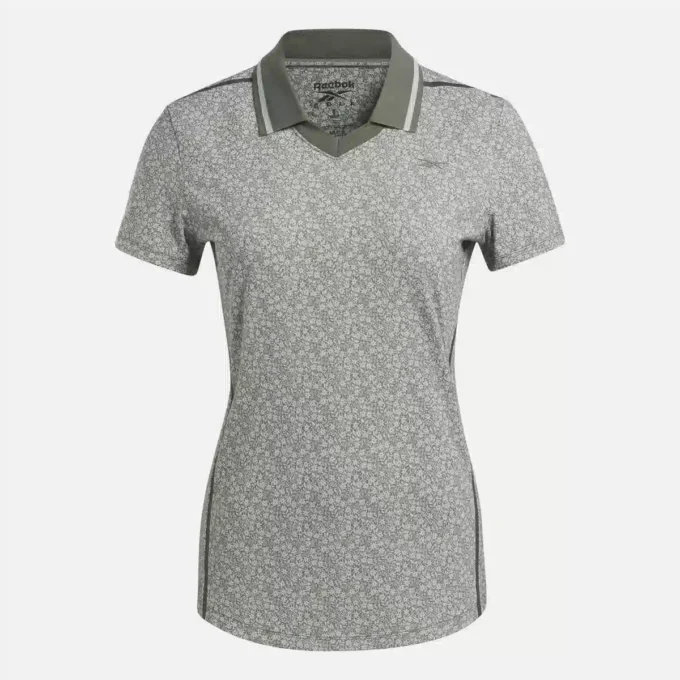 Polo de manga corta con cuello Johnny y estampado floral micro para mujer Polo de manga corta con cuello Johnny y estampado floral micro para mujer