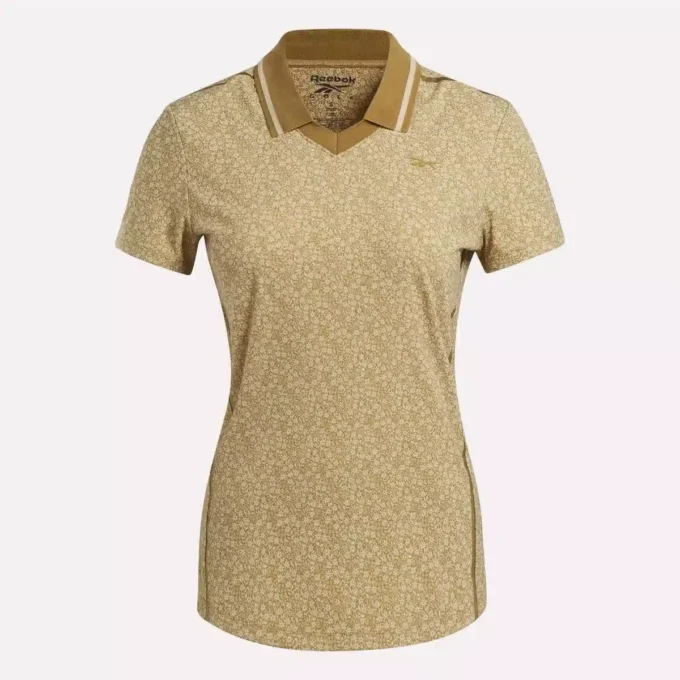 Polo de manga corta con cuello Johnny y estampado floral micro para mujer Polo de manga corta con cuello Johnny y estampado floral micro para mujer